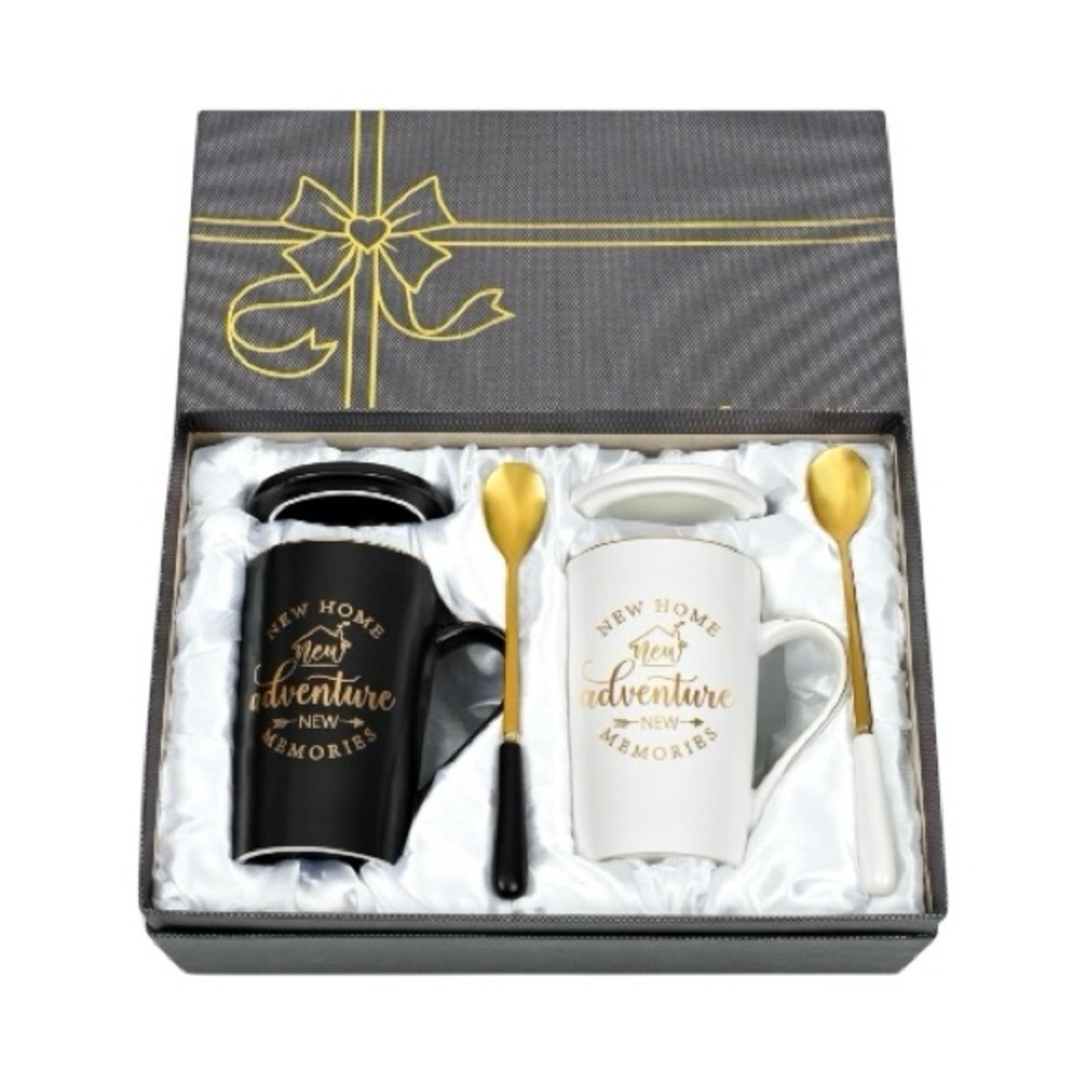 NWT-HOUSE WARMING GIFT-Elegant Black and White Mug Set with Gold Spoons